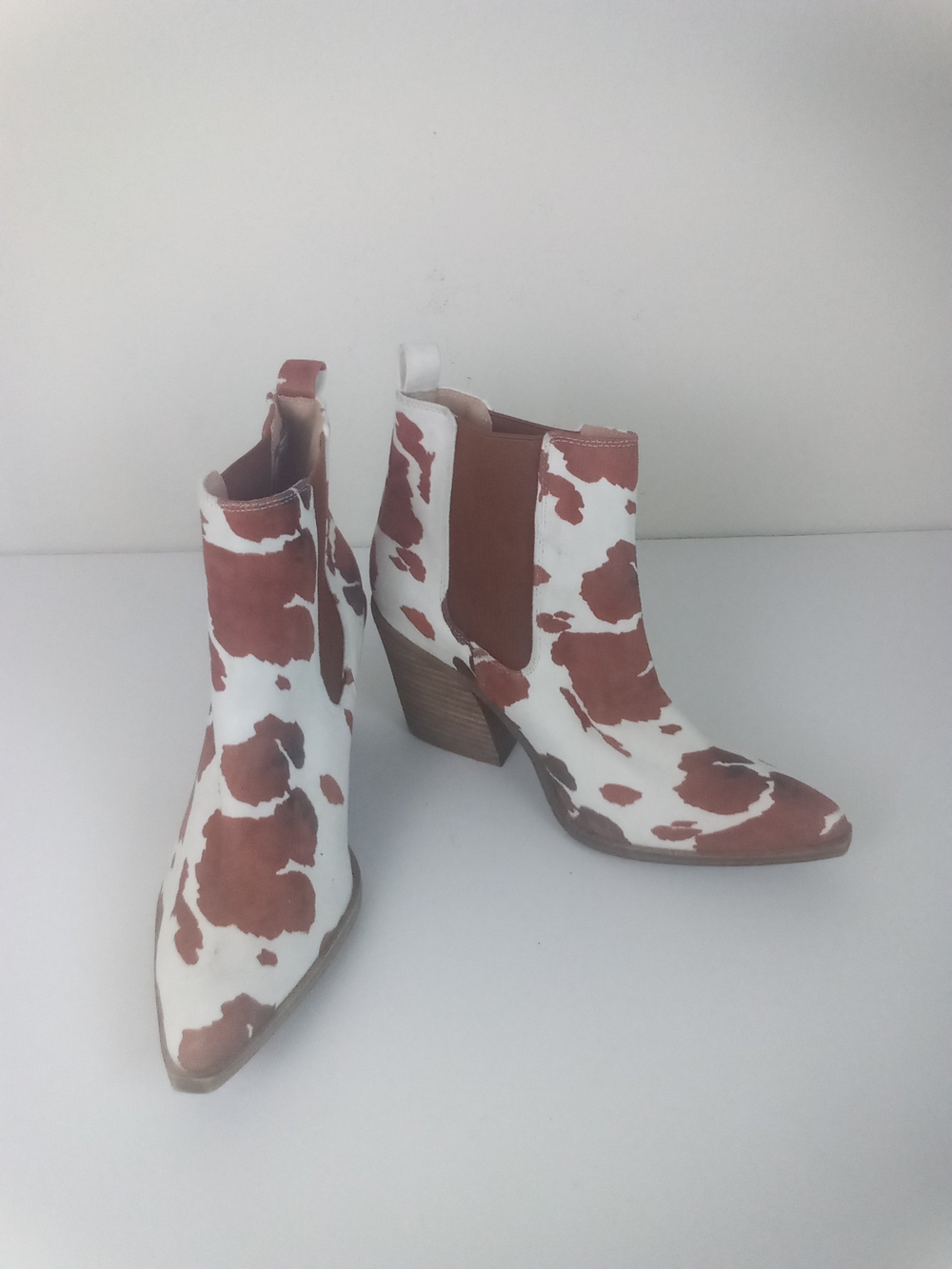 Barn Babe Cow-Print Western Ankle Boots Faux Suede White Brown Cowgirl